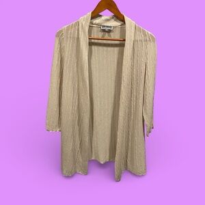 Cute creamy flax tan stripe raw hem sheer tissue open front cardigan sweater